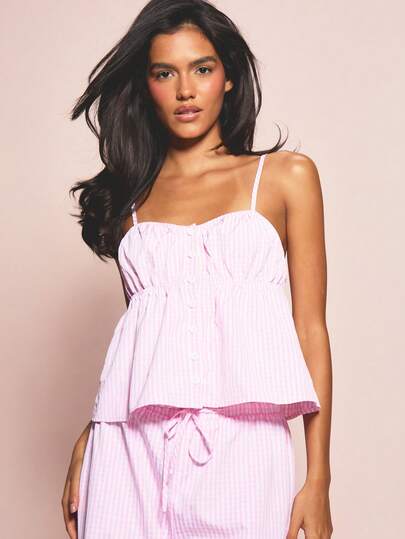 MISSGUIDED بيجامة نسائية مكونة من قميص كامي وبنطلون واسع الساق بطبعة الجينجهام، ملابس نوم وملابس منزلية مجموعة متناسقة من قطعتين، صيفية