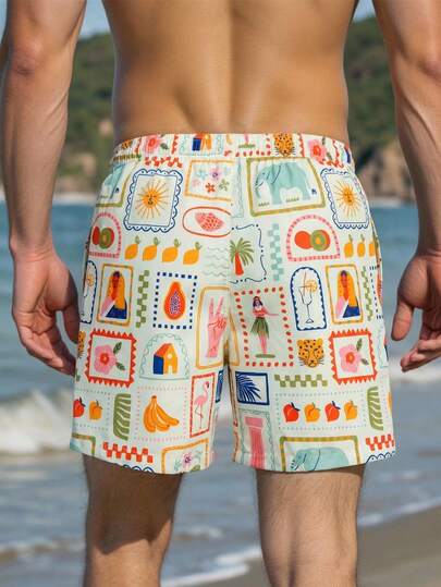 Manfinity Swimmode شورت كاجوال للرجال بخصر رباط مطبوع بالكامل مناسب للشاطئ
