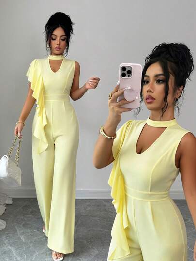 SHEIN Elenzya جمبسوت نسائية بياقة متموجة غير متماثلة، مفرغة من الخصر، واسعة الساق، أنيقة للاستخدام اليومي، العطلات، الكاجوال الفرنسي، التنقل، العمل، المواعيد الرومانسية، بدون أكمام، لون أصفر فاتح، مناسبة للربيع المبكر والربيع والصيف