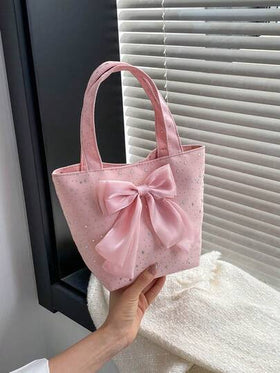 حقيبة دلو ذات فيونكة سماء نجمية وردية، حقيبة يد صغيرة مزينة بالبريق والراين، حقيبة نسائية بطراز Y2K الحلو، مثالية للمواعيد والخروجات اليومية