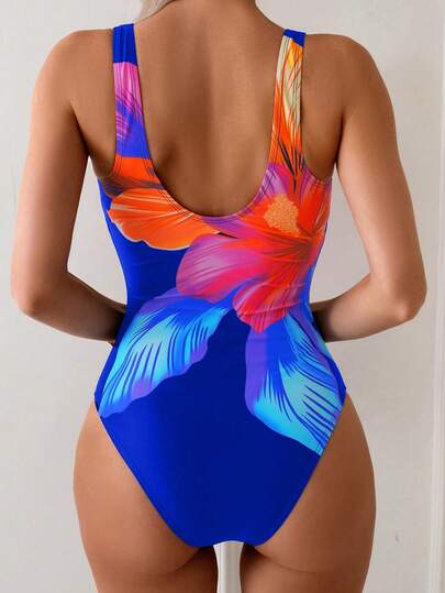 Swim Basics بدلة سباحة أنيقة للنساء بطبعة زهور كبيرة متعددة الألوان على الرقبة المستديرة وساق طويلة، صيفية