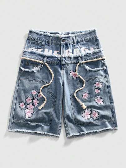 ROMWE MEN Street Life شورتات جينز فضفاضة مطرزة بالزهور مع خصر مزدوج للرجال
