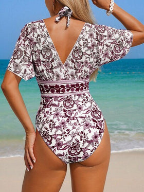 Swim Lushoire بدلة سباحة قطعة واحدة للنساء ذات تحكم في البطن، بطبعات صينية زرقاء وبيضاء بطراز بوهيمي