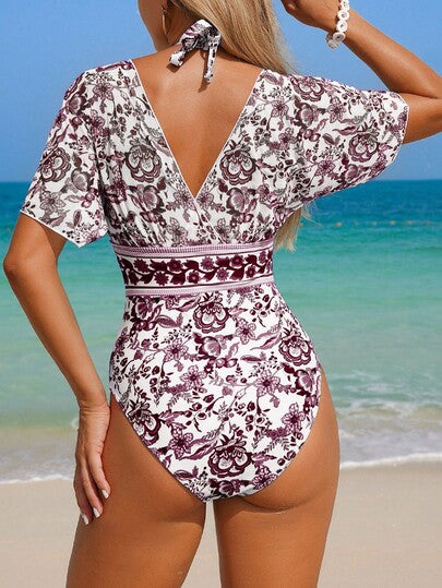Swim Lushoire بدلة سباحة قطعة واحدة للنساء ذات تحكم في البطن، بطبعات صينية زرقاء وبيضاء بطراز بوهيمي