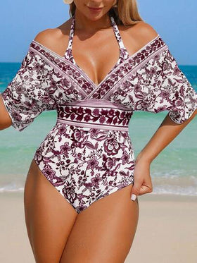 Swim Lushoire بدلة سباحة قطعة واحدة للنساء ذات تحكم في البطن، بطبعات صينية زرقاء وبيضاء بطراز بوهيمي