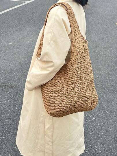حقيبة قش كبيرة مريحة، سعة كبيرة، مناسبة للشاطئ والعطلات والتنقل، حقيبة كتف متعددة الاستخدامات للنساء