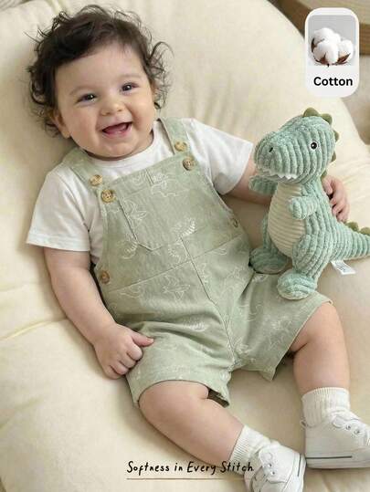 Cozy Pixies مجموعة ملابس مكونة من 2 قطعة للأطفال الصغار الأولاد/البنات، تتكون من تي شيرت أكمام قصيرة بلون أحادي وشورت مطبوع برسوم ديناصور بحمالات، مناسبة للارتداء في الربيع والصيف بأسلوب كوري عصري