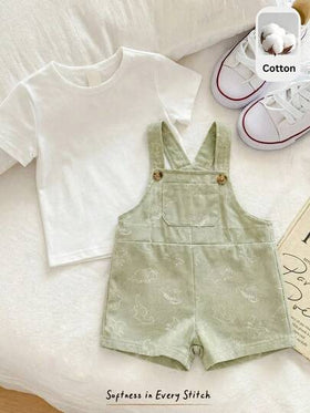 Cozy Pixies مجموعة ملابس مكونة من 2 قطعة للأطفال الصغار الأولاد/البنات، تتكون من تي شيرت أكمام قصيرة بلون أحادي وشورت مطبوع برسوم ديناصور بحمالات، مناسبة للارتداء في الربيع والصيف بأسلوب كوري عصري