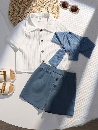 SHEIN اشتر اثنين واحصل على واحد مجانًا! 3 قطع/مجموعة قميص أكمام قصيرة مخطط لطفل صغير، شورت أخضر، وبدلة شال، بدلة رسمية مناسبة لحفلة عيد الميلاد، حفلة المساء، الأداء، الزفاف، بدر كامل، المعمودية واحتفال عيد الميلاد الأول، حفل استقبال الطفل