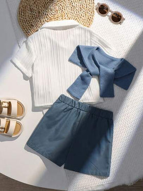 SHEIN اشتر اثنين واحصل على واحد مجانًا! 3 قطع/مجموعة قميص أكمام قصيرة مخطط لطفل صغير، شورت أخضر، وبدلة شال، بدلة رسمية مناسبة لحفلة عيد الميلاد، حفلة المساء، الأداء، الزفاف، بدر كامل، المعمودية واحتفال عيد الميلاد الأول، حفل استقبال الطفل