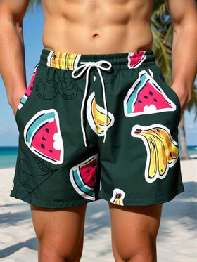 Manfinity Swimmode شورت كاجوال للرجال بخصر مرن وجيوب بطبعة الفاكهة