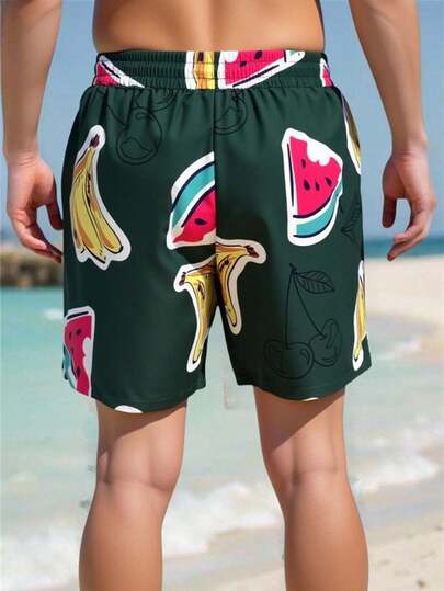 Manfinity Swimmode شورت كاجوال للرجال بخصر مرن وجيوب بطبعة الفاكهة