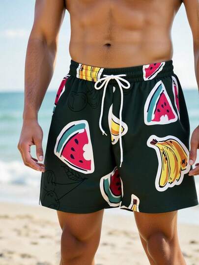 Manfinity Swimmode شورت كاجوال للرجال بخصر مرن وجيوب بطبعة الفاكهة