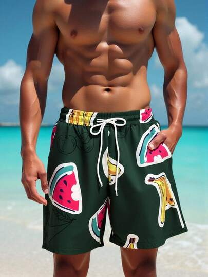 Manfinity Swimmode شورت كاجوال للرجال بخصر مرن وجيوب بطبعة الفاكهة