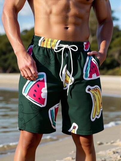 Manfinity Swimmode شورت كاجوال للرجال بخصر مرن وجيوب بطبعة الفاكهة
