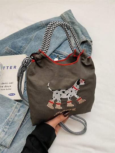 جوارب كرتونية جميلة بطبعة كلب دلماتي، حقيبة تسوق مطرزة بكلب، حقيبة كتف قماشية