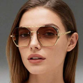 نظارات موضة بإطار معدني متعدد الأضلاع ذو جسر مزدوج للنساء