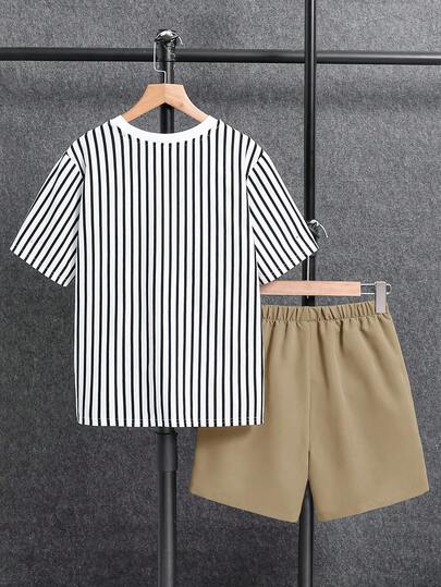 SHEIN مجموعة قصيرة بأكمام قصيرة مخططة للأولاد المراهقين 2 قطعة، طراز شارع بانك روك بريبي للارتداء اليومي، الحفلات، مهرجانات الموسيقى، مناسبة للربيع/الصيف