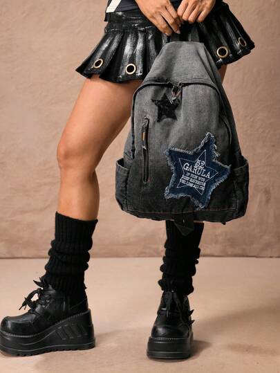 ROMWE Grunge Punk حقيبة ظهر جينزية للنساء كبيرة السعة لحمل الأغراض والجامعة شنطه جامعه شنط جامعات شنطة ظهر للسفر حقيبه جامعه