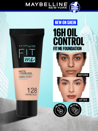 Maybelline أساس ماتي وخالي من المسام Fit Me، لون 128 دافئ، 30 مل، للبشرة العادية إلى الدهنية، خالي من الزيوت، مكياج طويل الأمد، أساس مكياج، ماتي، 30 مل - ماتي، أساس طويل الأمد، خالي من الزيوت، قاعدة مكياج، العناية بالبشرة، مكياج الصيف