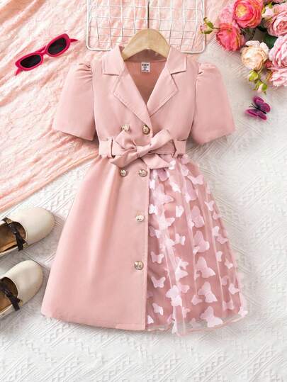 SHEIN معطف فتاة صغيرة مع طوق، أكمام طويلة، حزام، نمط شبكي بشكل فراشة على الجانب الأيسر، خيار هدية جذاب وجميل معطف فستان فراشة للبنات، فستان وردي للبنات، فستان طويل الأكمام للبنات، معطف فستان للبنات الصغيرات