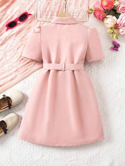 SHEIN معطف فتاة صغيرة مع طوق، أكمام طويلة، حزام، نمط شبكي بشكل فراشة على الجانب الأيسر، خيار هدية جذاب وجميل معطف فستان فراشة للبنات، فستان وردي للبنات، فستان طويل الأكمام للبنات، معطف فستان للبنات الصغيرات