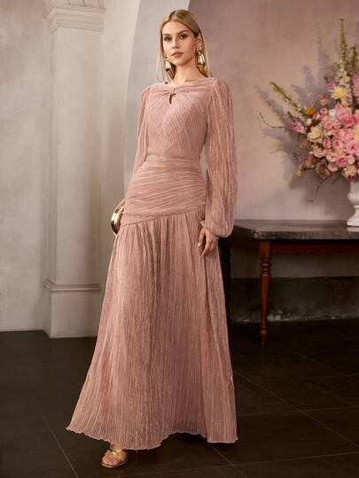 MOTF Soiréza فستان سهرة طويل الأكمام بأكمام فانوس مع فتحة رقبة على شكل مفتاح وتصميم ظهر غير متماثل - قماش لامع خاص ، سيلويت مناسب للجسم لحفلات الخريف / الشتاء الرسمية والحفلات الكبرى (مثالي مع كعب رفيع وإكسسوارات مجوهرات مميزة)