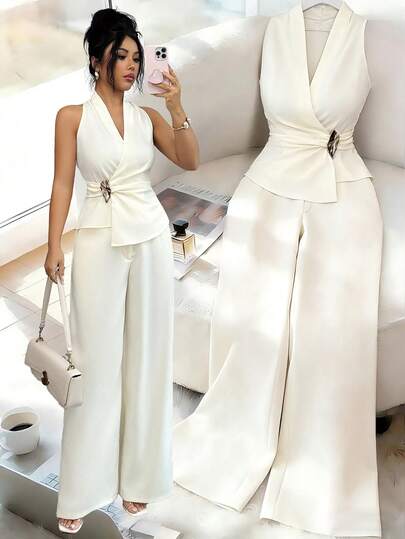 SHEIN Elenzya طقم قطعتين للنساء من توب قصير بدون أكمام وتنورة بلون أحادي مع تصميم ملفوف أمامي