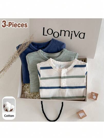 Loomiva 3 قطع طقم رومبير وشورت قصير الأكمام ناعم محبوك للأطفال الرضع ولد/بنت
