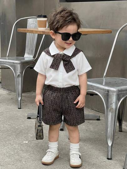 SHEIN Playful Pals طقم ملابس للأطفال الرضع من 0-3 سنوات، يتكون من كيب مطبوع، قميص بأكمام قصيرة وشورت بخصر مطاطي مطبوع بحرف، مناسب لجميع المواسم، للرحلات القصيرة، العطلات، النزهات، الاسترخاء، الارتداء اليومي المنزلي، التنسيق، مقاس من 3 أشهر إلى 24 شهرًا لل