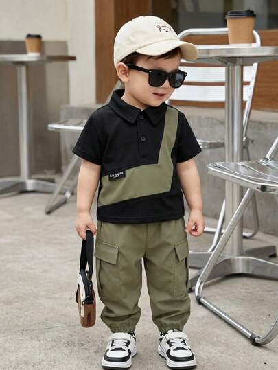 SHEIN Playful Pals مجموعة قميص بولو بأكمام قصيرة وبنطال كارجو أخضر ذو خصر مطاطي مناسبة للأطفال الصغار، مناسبة للرياضة الخارجية والخروجات العادية والتسوق والسفر، مقاس من 6 أشهر إلى 2-3 سنوات