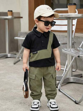 SHEIN Playful Pals مجموعة قميص بولو بأكمام قصيرة وبنطال كارجو أخضر ذو خصر مطاطي مناسبة للأطفال الصغار، مناسبة للرياضة الخارجية والخروجات العادية والتسوق والسفر، مقاس من 6 أشهر إلى 2-3 سنوات