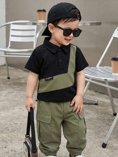SHEIN Playful Pals مجموعة قميص بولو بأكمام قصيرة وبنطال كارجو أخضر ذو خصر مطاطي مناسبة للأطفال الصغار، مناسبة للرياضة الخارجية والخروجات العادية والتسوق والسفر، مقاس من 6 أشهر إلى 2-3 سنوات