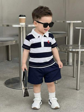 SHEIN Playful Pals طقم بولو مخطط مصنوع من الأكريليك وشورت للأطفال الرضع من عمر 0-3 سنوات، طراز كوري كاجوال مناسب للحفلات والمناسبات الرسمية والاستخدام اليومي، مقاس من 3 أشهر إلى 24 شهر