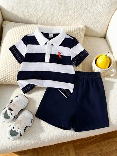 SHEIN Playful Pals طقم بولو مخطط مصنوع من الأكريليك وشورت للأطفال الرضع من عمر 0-3 سنوات، طراز كوري كاجوال مناسب للحفلات والمناسبات الرسمية والاستخدام اليومي، مقاس من 3 أشهر إلى 24 شهر