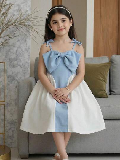 Emery Rose Kids فستان حفلة أنيق كلاسيكي للبنات المراهقات/الصغيرات مزين بفيونكة وألوان متباينة