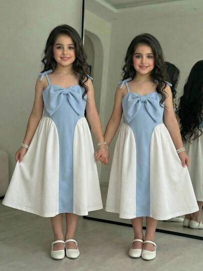 Emery Rose Kids فستان حفلة أنيق كلاسيكي للبنات المراهقات/الصغيرات مزين بفيونكة وألوان متباينة