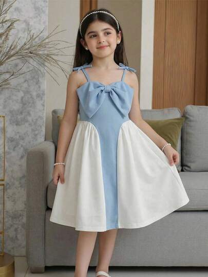 Emery Rose Kids فستان حفلة أنيق كلاسيكي للبنات المراهقات/الصغيرات مزين بفيونكة وألوان متباينة