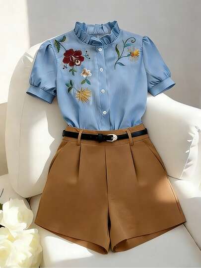 SHEIN Franclia ملابس علوية مطرزة أنيقة بأكمام قصيرة وشورت ذو ساق واسعة مزين بحزام بني 2 قطعة، متعددة الاستخدامات للارتداء اليومي والتنقل، للنساء في الربيع والصيف
