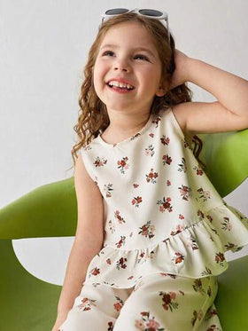 Maija Kids رمضان طقم ملابس علوية بياقة طاقم وأكمام قصيرة وبنطال بخصر مطاطي مطبوع بطبعة زهرية للفتيات الصغيرات، قطعتان