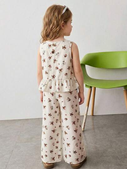 Maija Kids رمضان طقم ملابس علوية بياقة طاقم وأكمام قصيرة وبنطال بخصر مطاطي مطبوع بطبعة زهرية للفتيات الصغيرات، قطعتان
