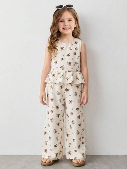Maija Kids رمضان طقم ملابس علوية بياقة طاقم وأكمام قصيرة وبنطال بخصر مطاطي مطبوع بطبعة زهرية للفتيات الصغيرات، قطعتان