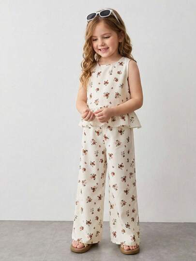 Maija Kids رمضان طقم ملابس علوية بياقة طاقم وأكمام قصيرة وبنطال بخصر مطاطي مطبوع بطبعة زهرية للفتيات الصغيرات، قطعتان