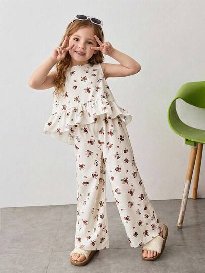 Maija Kids رمضان طقم ملابس علوية بياقة طاقم وأكمام قصيرة وبنطال بخصر مطاطي مطبوع بطبعة زهرية للفتيات الصغيرات، قطعتان