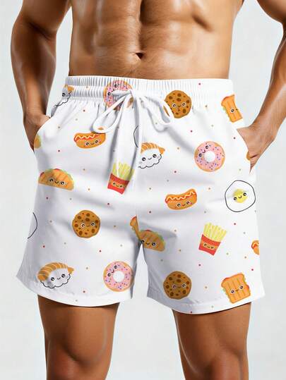 Manfinity Swimmode شورت شاطئ للرجال بخصر رباط مطبوع برسوم كرتونية