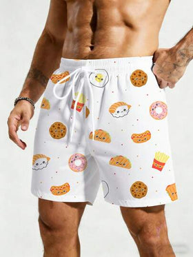 Manfinity Swimmode شورت شاطئ للرجال بخصر رباط مطبوع برسوم كرتونية