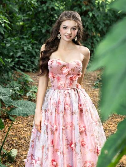 Faeriesty فستان سهرة أنيق بخصر مربوط على شكل قلب بدون أكتاف، مطرز بزخارف زهرية ثلاثية الأبعاد مع ربطة ظهر قابلة للتعديل، فستان طويل إلى الأرض، مناسب للمناسبات الرسمية مثل الحفلات الكبرى والزفاف وحفلات السجادة الحمراء