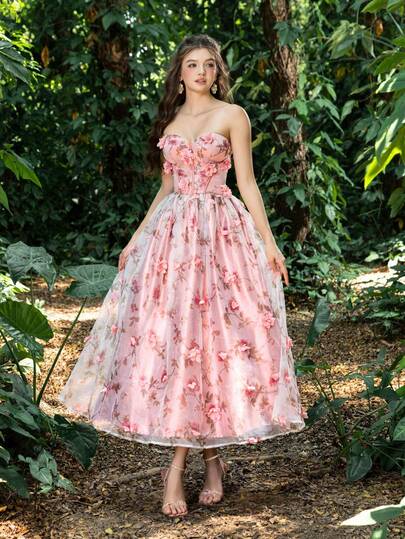 Faeriesty فستان سهرة أنيق بخصر مربوط على شكل قلب بدون أكتاف، مطرز بزخارف زهرية ثلاثية الأبعاد مع ربطة ظهر قابلة للتعديل، فستان طويل إلى الأرض، مناسب للمناسبات الرسمية مثل الحفلات الكبرى والزفاف وحفلات السجادة الحمراء