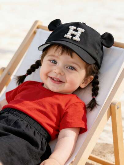 1 قبعة بيسبول للأطفال مزينة بحرف الأبجدية الإنجليزية باللؤلؤ، قبعة بيسبول للأطفال الرضع والصغار من عمر 1-3 سنوات، قبعة شمس للخارج
