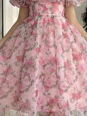 SHEIN فستان أميرة للفتيات المراهقات مزخرف بطبعات زهرية أنيقة مع كشكشة على الكتف وأكمام متساقطة